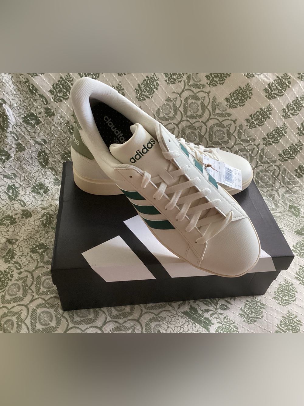 adidas Men’s Grand Court 2.0 White Sneakers with Two tone Green Three-Stripes